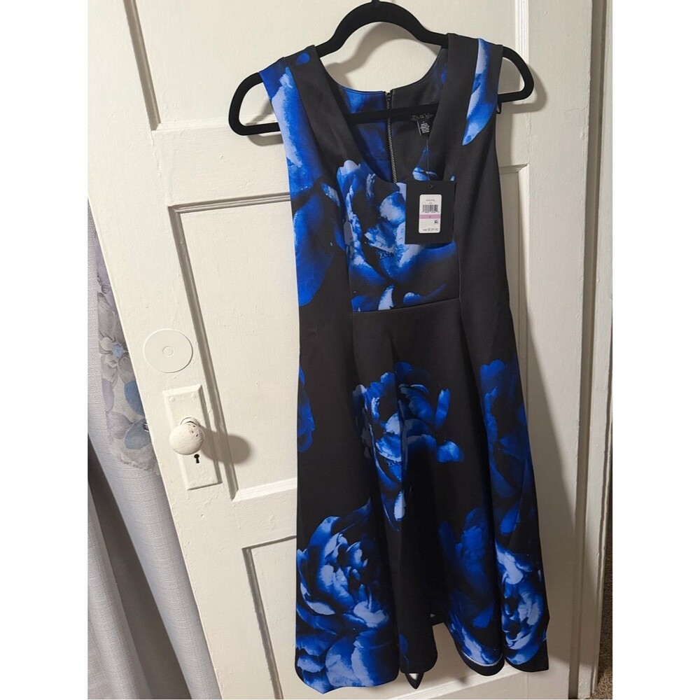 NWT Halston Floral Fit & Flare Midi Dress Black Electric Blue Sleeveless Sz 6